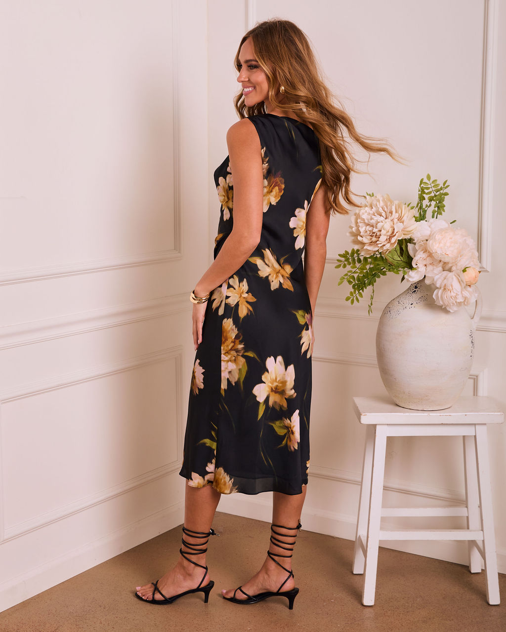 Dusky Blossom Cowl Floral Satin Midi Dress - Image 4