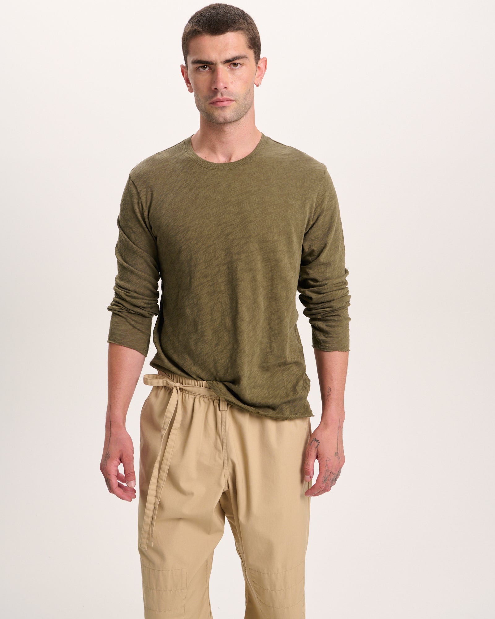 Slub Jersey Long Sleeve Destroyed Wash Tee - Army