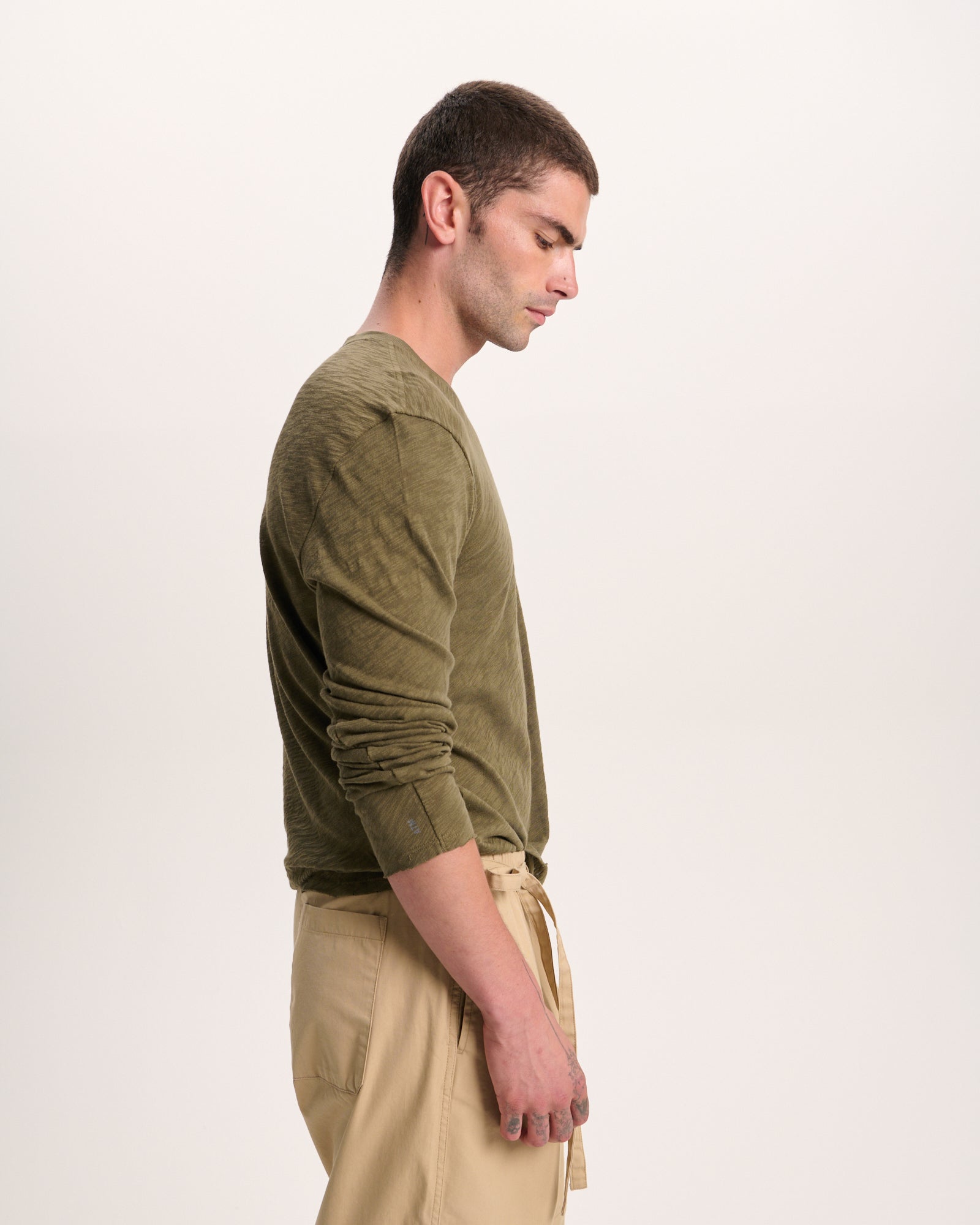 Slub Jersey Long Sleeve Destroyed Wash Tee - Army - Image 3