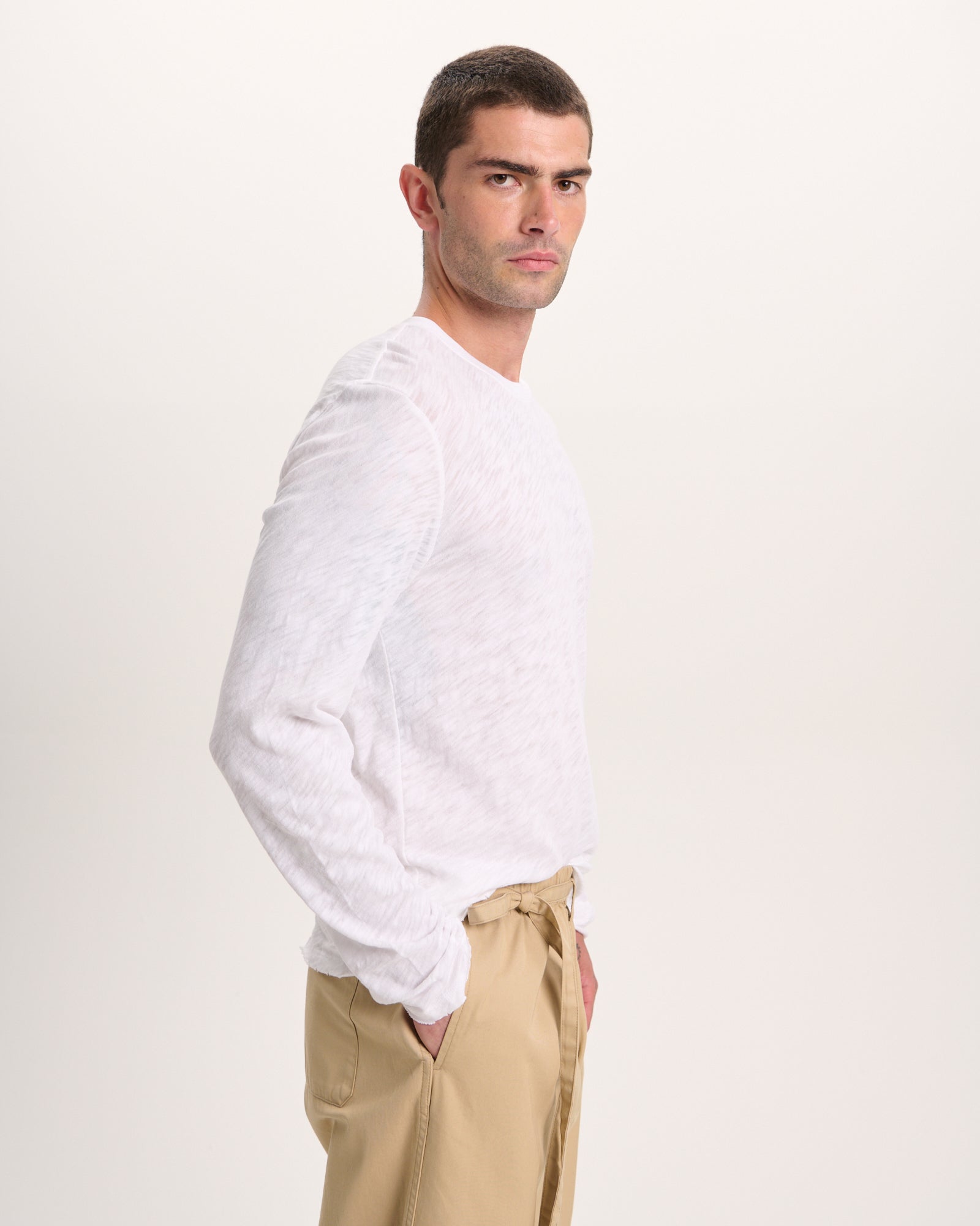 Slub Jersey Long Sleeve Destroyed Wash Tee - White - Image 3