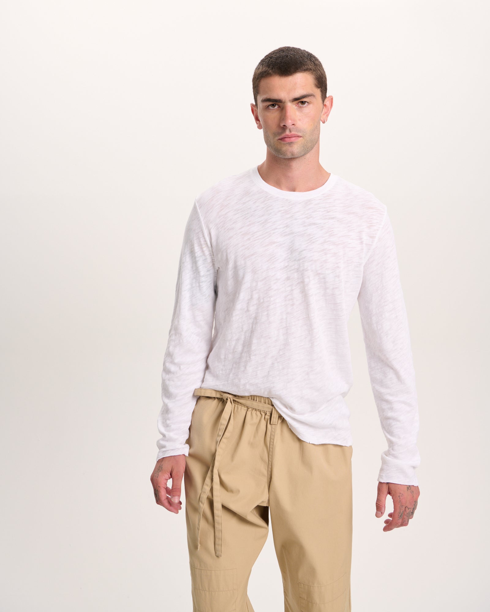Slub Jersey Long Sleeve Destroyed Wash Tee - White