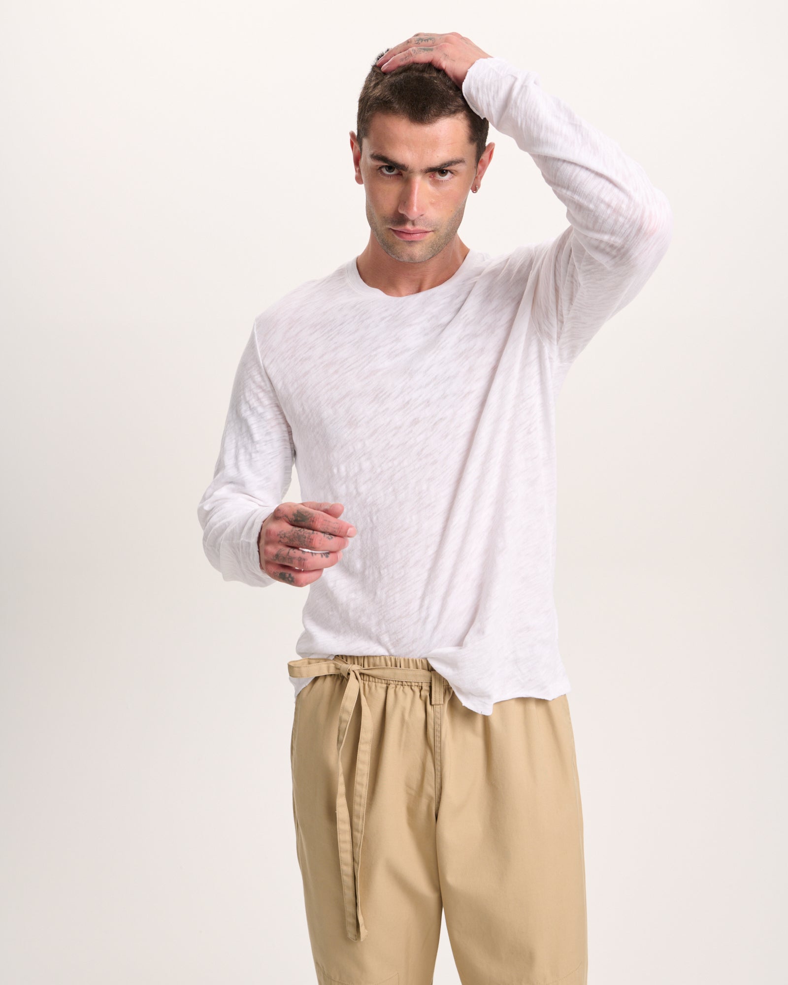 Slub Jersey Long Sleeve Destroyed Wash Tee - White - Image 5