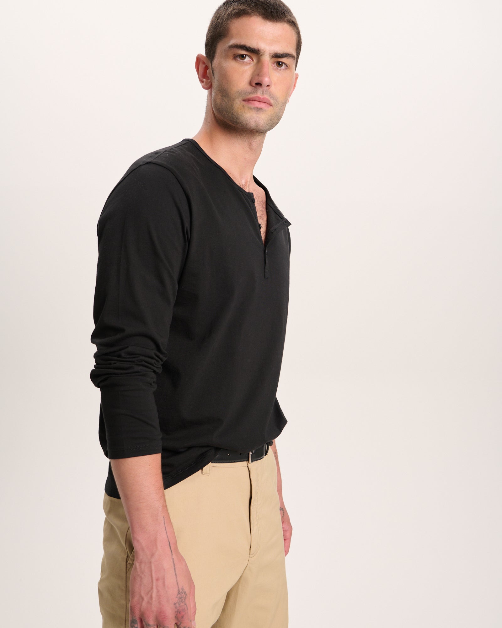 Classic Jersey Long Sleeve Henley - Black - Image 2